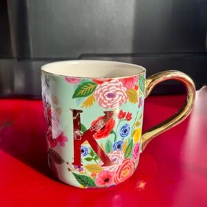 Anthropologie Rifle Paper Company Initial K Mug Monogram Aqua Floral Gold Trim